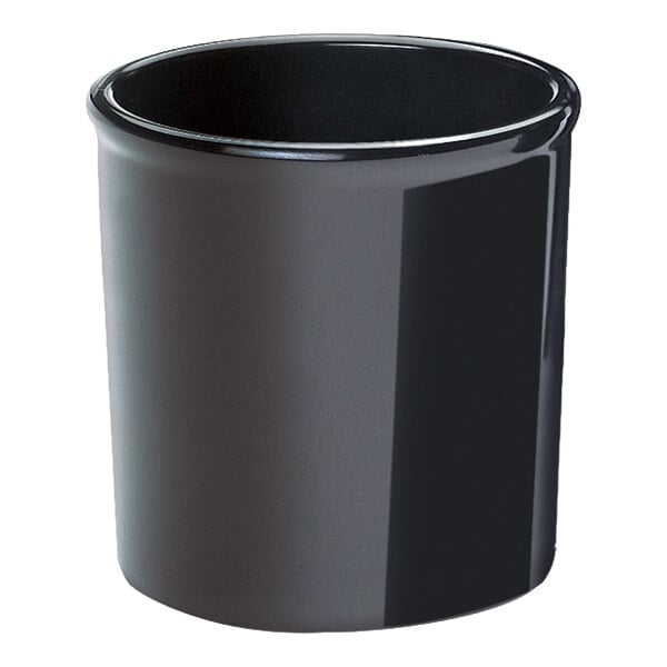 A black round melamine condiment jar with a 2 quart capacity.
