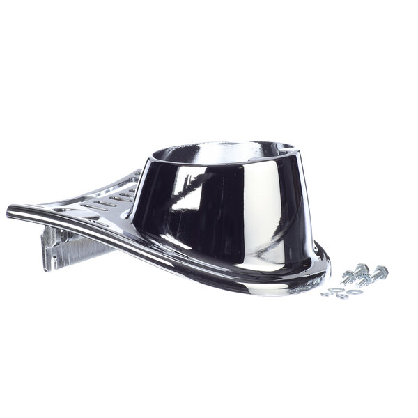 A silver metal nozzle for a World Dryer hand dryer with screws.