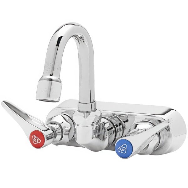 A T&S polished chrome wall mount faucet with two knobs.