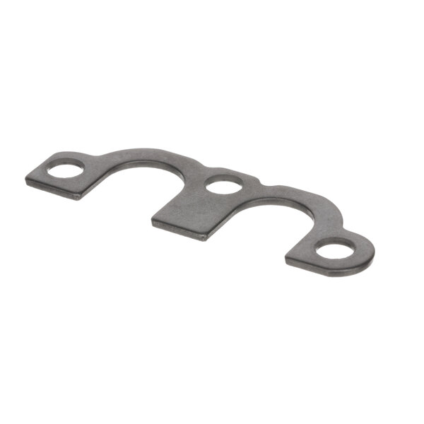 A metal retainer with two holes for a Lancer refrigerated beverage dispenser.