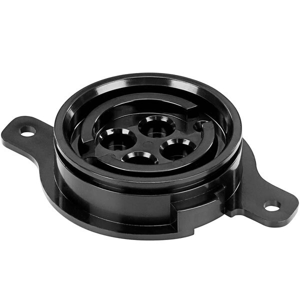 A black plastic Cornelius diffuser assembly with four holes.