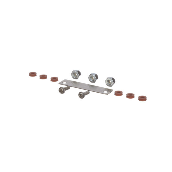 A metal plate with nuts and screws.