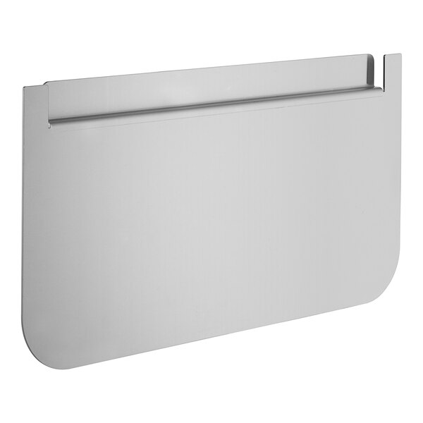 A white rectangular metal splash guard with a metal strip.