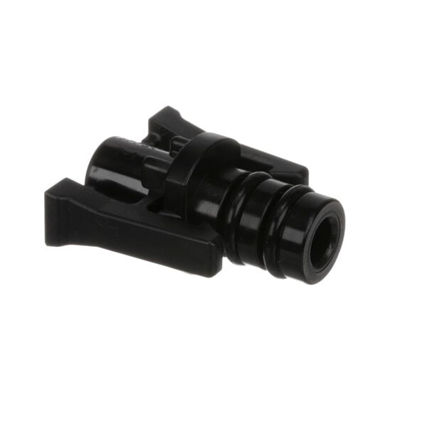 A black plastic Rinnai condensate trap plug on a white background.