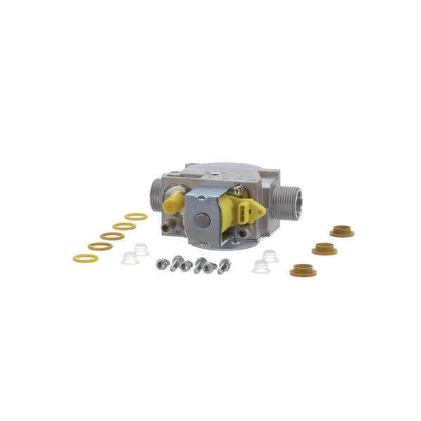 A close-up of a Rinnai gas valve kit with yellow and silver parts.