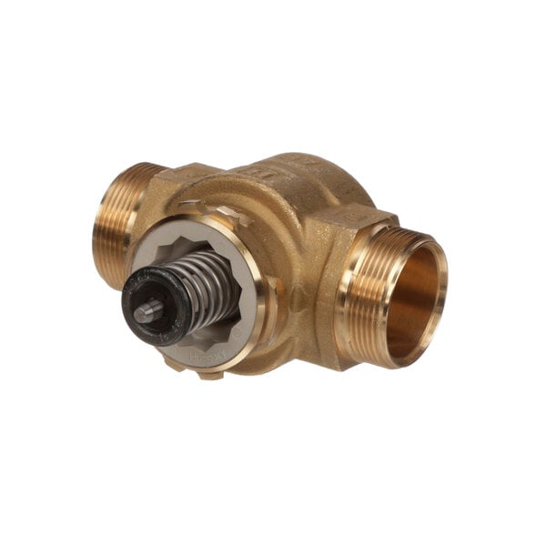 A brass Rinnai three way valve housing with a nut.