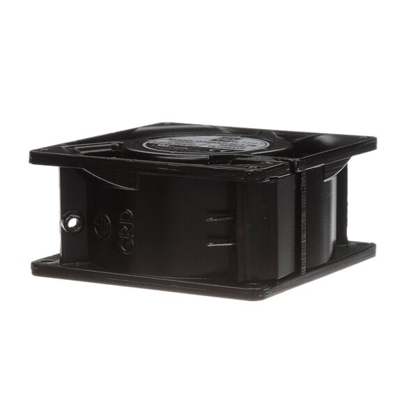 A black rectangular Barker fan motor with a round black surface and a white label.