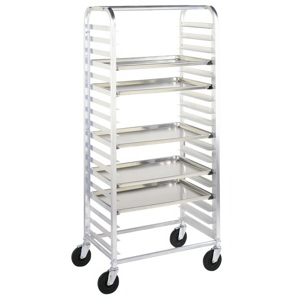 A Metro chrome steel side load bun/sheet pan rack with wheels.