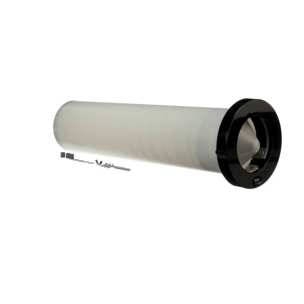 A white cylinder with a black rim and screws.