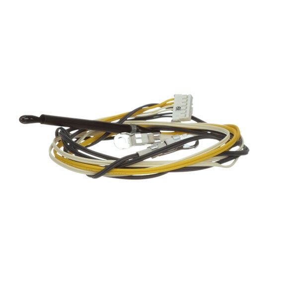 A wire harness with yellow and black wires connected to a close-up of a wire on a white background.