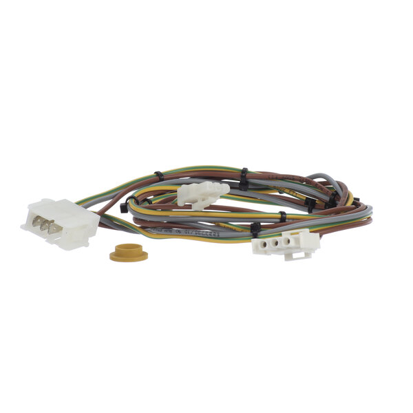 A close-up of the Rinnai fan wiring harness with a wire and connector.