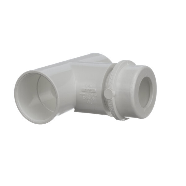 A white plastic Hussmann drain pipe fitting.