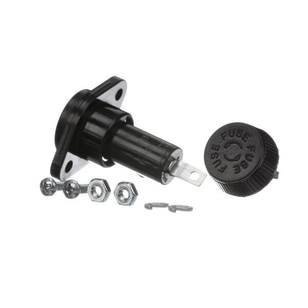 A white background with a black Blodgett fuse holder with screws.