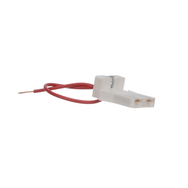 A white plastic Barker lamp holder with metal clips and red and white electrical connectors.
