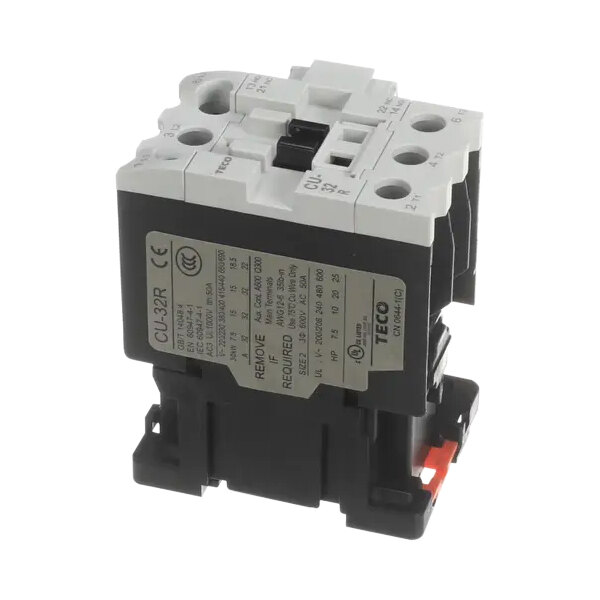 A black and white LBC Bakery Equipment contactor with red and black covers.