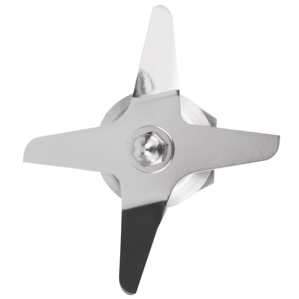 A close-up of a stainless steel Waring blade assembly with a star-shaped design.