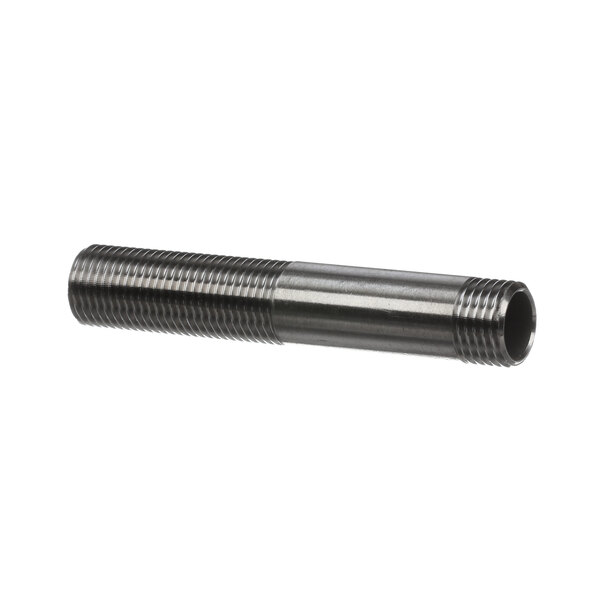 A close-up of a stainless steel threaded rod with two ends.