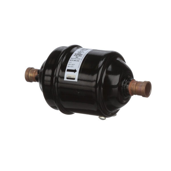 A black metal American Panel liquid line drier cylinder with copper fittings.