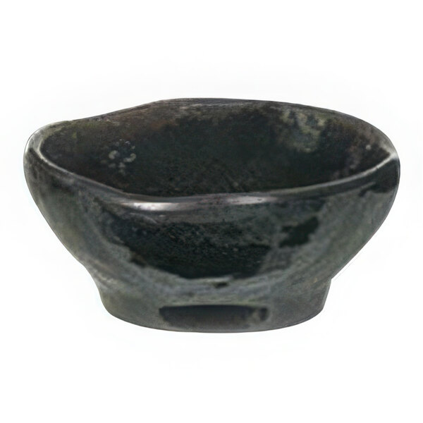 A black Thunder Group Tenmoku melamine rice bowl with a wave design.