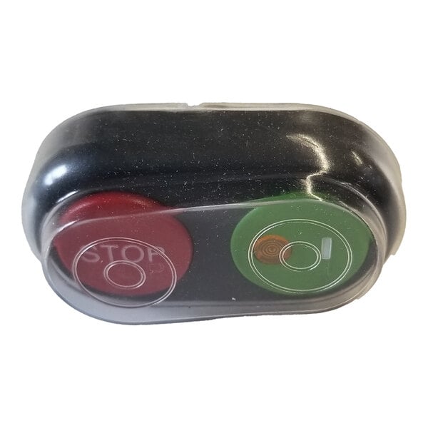 A Globe A00739 switch with a red stop button and a green start button encased in a plastic cover.