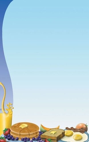 A stack of pancakes with butter and syrup on a menu with a blue and yellow breakfast themed table setting design.