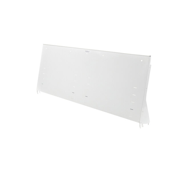 A white rectangular Hussmann shelf with holes.