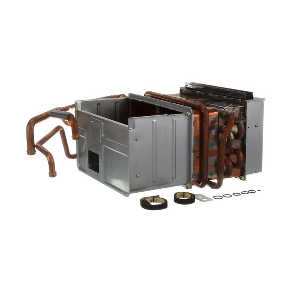 A metal box with a Rinnai heat exchanger and copper pipes inside.