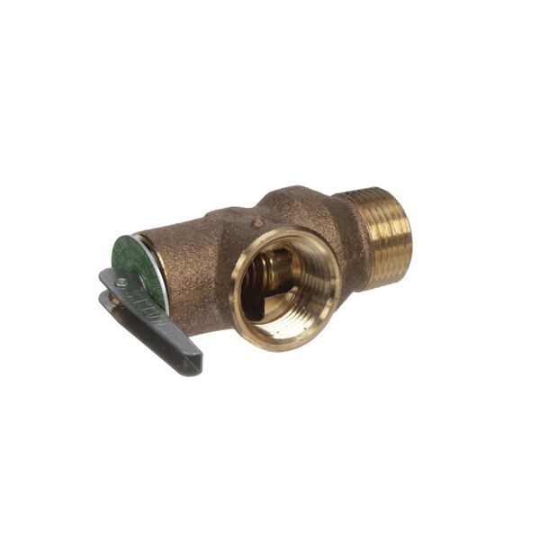 A close-up of a brass Rinnai safety valve with a green handle.