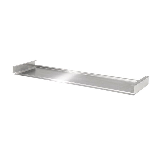 A stainless steel shelf front panel for a Garland range.