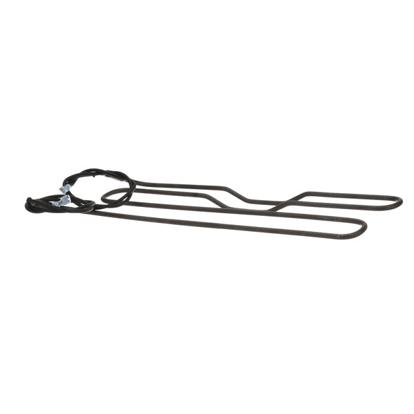 A close-up of a black metal bar with a hook on one end and a black wire with a circle on the other.
