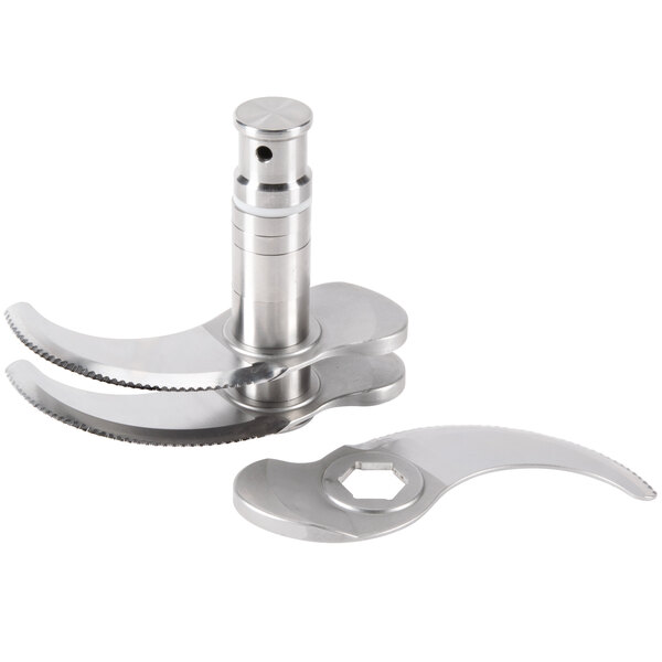 A silver stainless steel Robot Coupe 3 blade assembly with serrated edges.