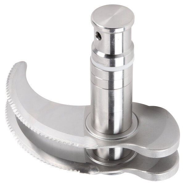 A Robot Coupe fine serrated 3 blade assembly with a round metal handle and blade.