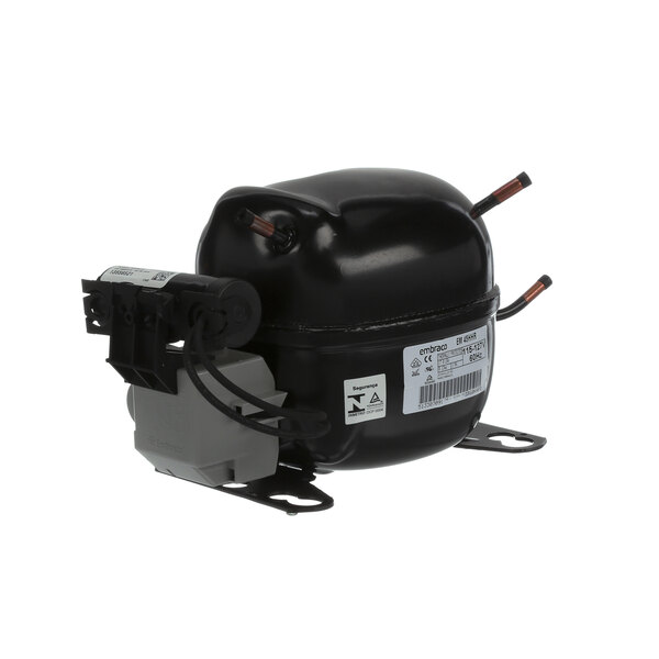 A Glastender refrigeration compressor with a black housing.