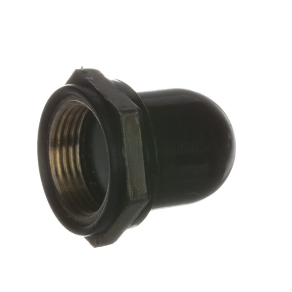 A black plastic threaded nut.