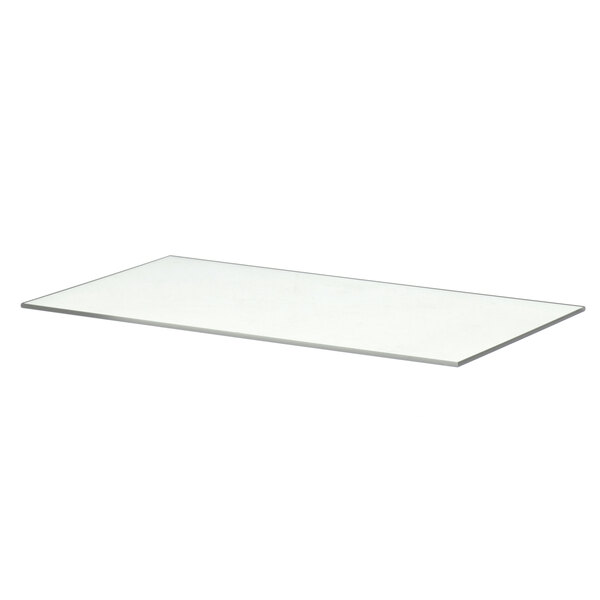 A white rectangular glass shelf with a black handle.