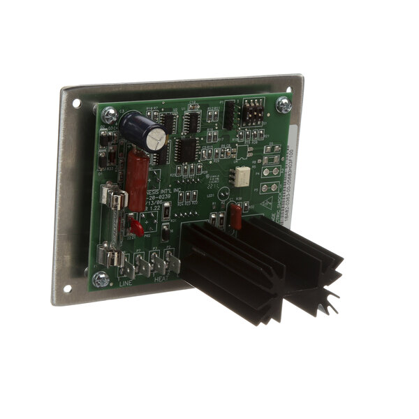 A green circuit board with black parts and two wires.