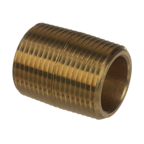 A close-up of a brass threaded pipe fitting.