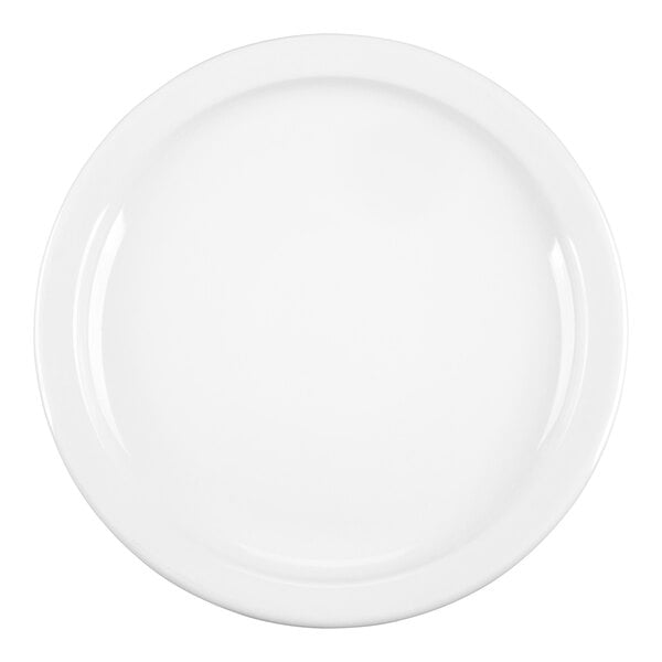 A close-up of a white Cambro ceramic plate with a round rim.