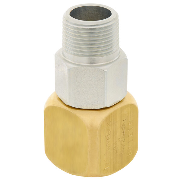 A close-up of a brass T&S Swivelink gas appliance connector with silver and gold nuts.