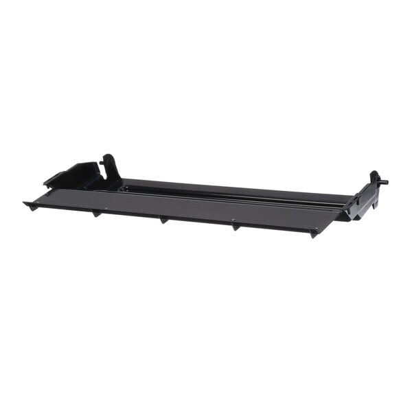 A black metal shelf with rectangular holes.