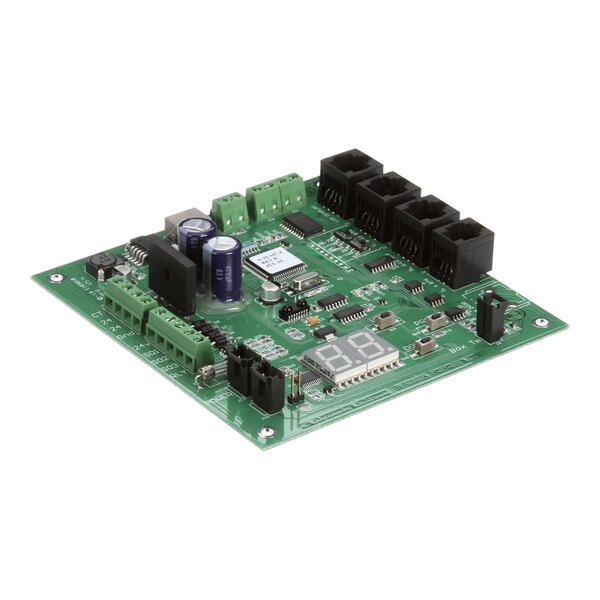 A green circuit board with multiple black and blue components.