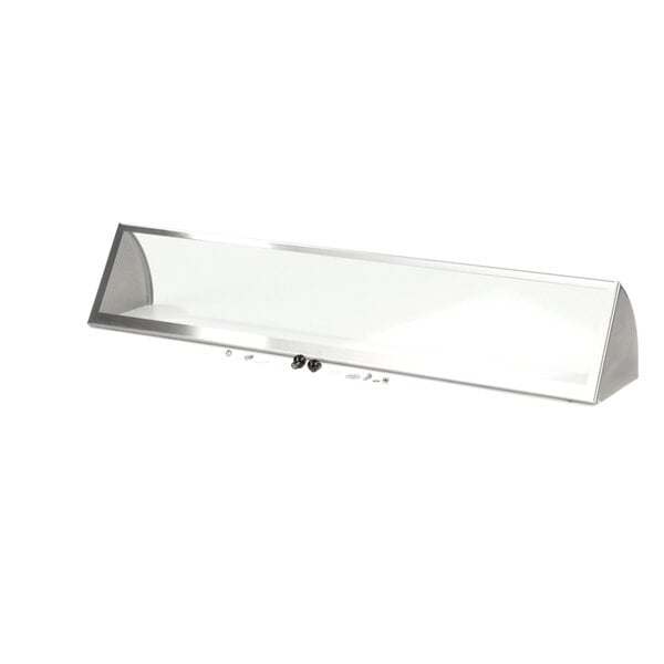 A white rectangular sneeze guard frame with screws.