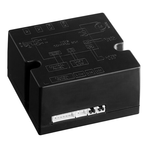 A black electronic device with white and black wires inside a black box.