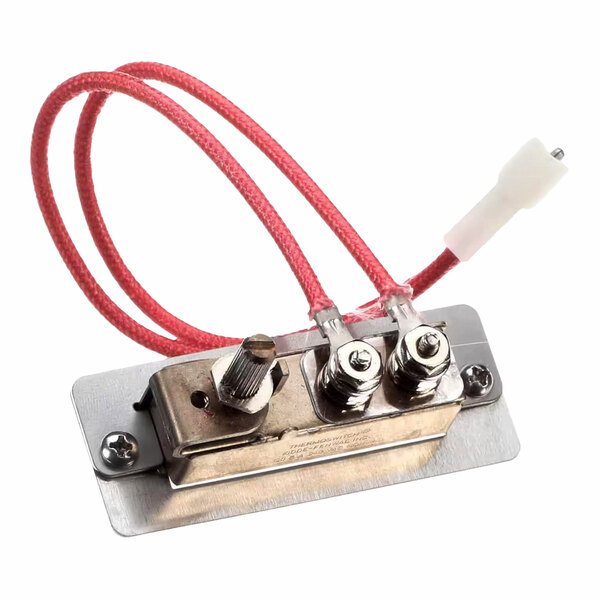 A high limit service kit with a metal mounting plate, two red wires, and adjustment knobs.