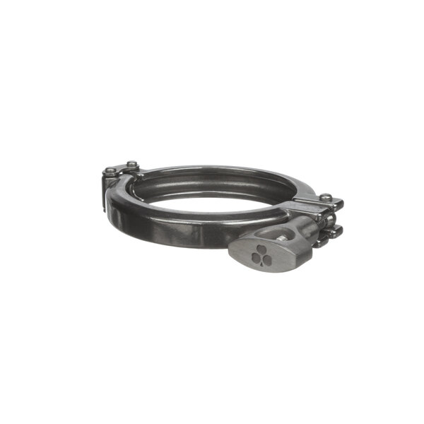A Groen black metal clamp with a metal lock.