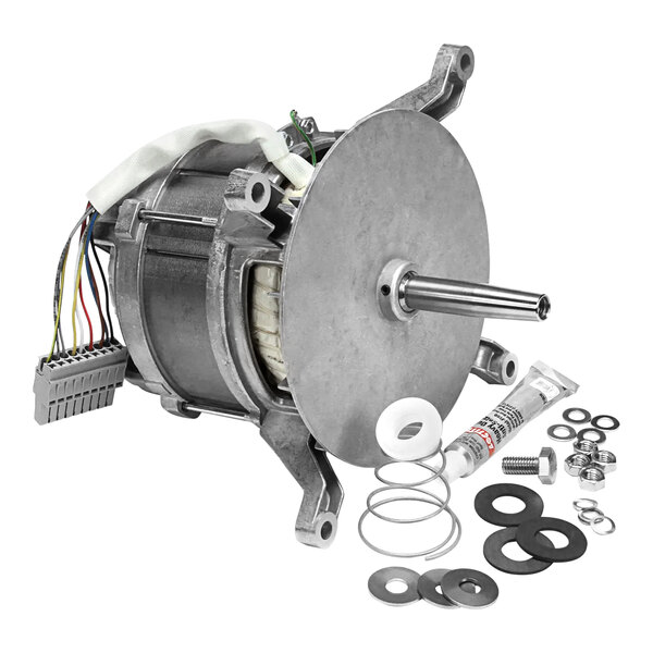 A metal motor with wires and other metal parts.