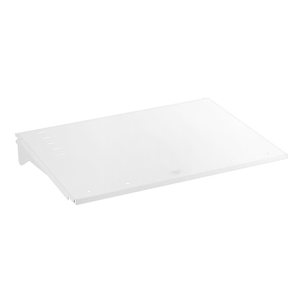 A white metal Hussmann shelf with holes.