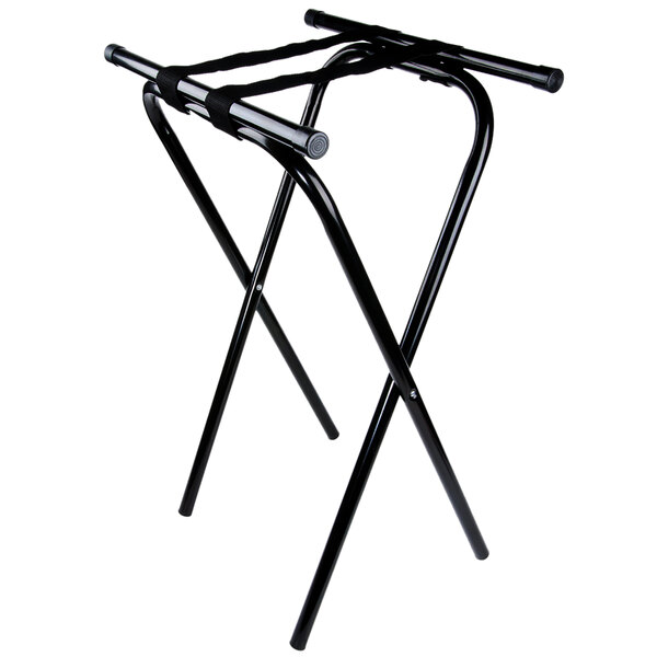 A black Tablecraft metal tray stand with two legs and black straps.
