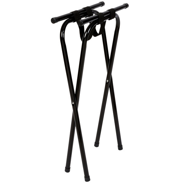 A black-powder-coated metal Tablecraft tray stand with black handles.