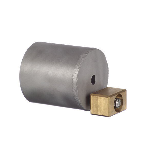 A metal cylinder with a square object on top.